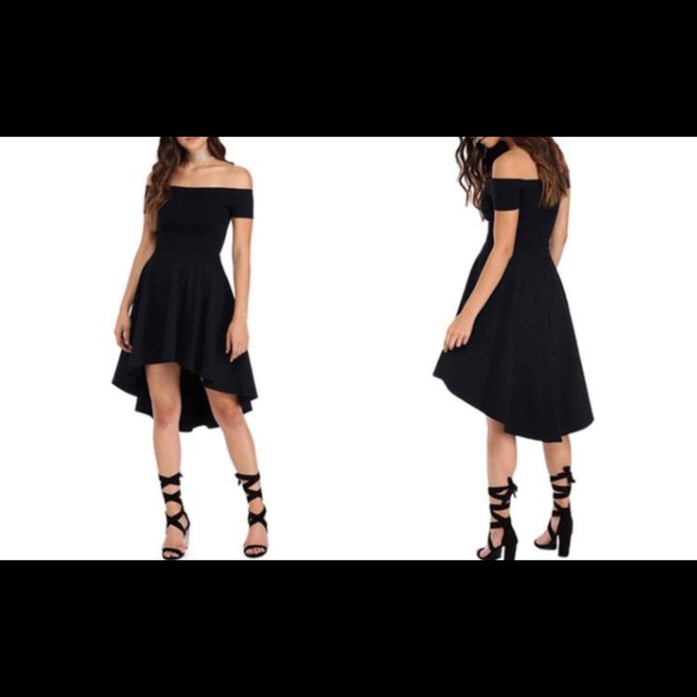 Black, off the shoulder, high low dress